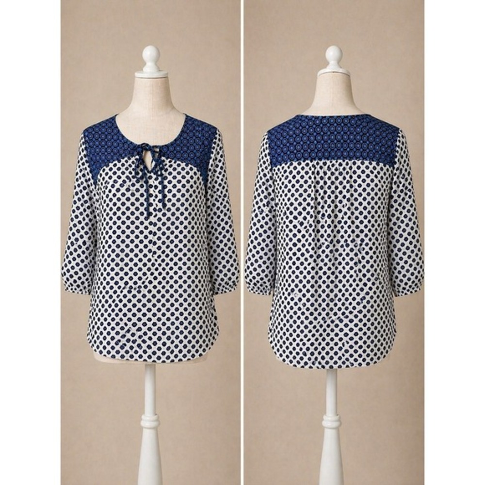 Laura Scott Polka Dot Blouse S Blue White Boho Tie Neck Top